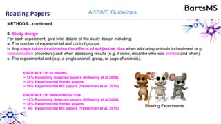 Reading Papers ARRIVE Guidelines
METHODS…continued
6. Study design
For each experiment, give brief details of the study design including:
a. The number of experimental and control groups.
b. Any steps taken to minimise the effects of subjective bias when allocating animals to treatment (e.g.
randomisation procedure) and when assessing results (e.g. if done, describe who was blinded and when).
c. The experimental unit (e.g. a single animal, group, or cage of animals).
EVIDENCE OF BLINDING
~ 14% Randomly Selected papers (Kilkenny et al.2009).
~ 29% Experimental Stroke papers
~ 16% Experimental MS papers (Vesterinen et al. 2010)
EVIDENCE OF RANDOMISATION
~ 12% Randomly Selected papers (Kilkenny et al.2009).
~ 36% Experimental Stroke papers
~ 9% Experimental MS papers (Vesterinen et al. 2010)
Blinding Experiments
 