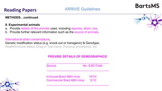 Reading Papers ARRIVE Guidelines
METHODS…continued
8. Experimental animals
a. Provide details of the animals used, including species, strain, sex,
b. Provide further relevant information such as the source of animals,
International strain nomenclature,
Genetic modification status (e.g. knock-out or transgenic) & Genotype,
Health/immune status, Drug or Test naïve, Previous procedures, etc.
PROVIDE DETAILS OF DEMOGRAPHICS!
_____________________________________
Source No. EAE/Total
_____________________________________
In-house Bred ABH mice 10/10
Commercial Bred ABH mice 5/10
_____________________________________
 