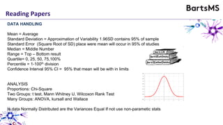 Reading Papers
DATA HANDLING
Mean = Average
Standard Deviation = Approximation of Variability 1.96SD contains 95% of sample
Standard Error (Square Root of SD) place were mean will occur in 95% of studies
Median = Middle Number
Range = Top – Bottom result
Quartile= 0, 25, 50, 75,100%
Percentile = 1-100th division
Confidence Interval 95% CI = 95% that mean will be with in limits
ANALYSIS
Proportions: Chi-Square
Two Groups: t test, Mann Whitney U, Wilcoxon Rank Test
Many Groups: ANOVA, kursall and Wallace
Is data Normally Distributed are the Variances Equal If not use non-parametic stats
 