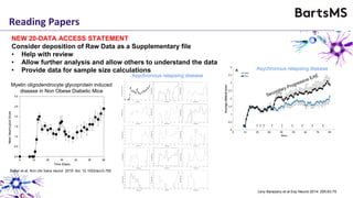 Reading Papers
NEW 20-DATA ACCESS STATEMENT
Consider deposition of Raw Data as a Supplementary file
• Help with review
• Allow further analysis and allow others to understand the data
• Provide data for sample size calculations
Levy Barazany et al Exp Neurol 2014: 255:63-70
Asychronous relapsing disease
Baker et al. Ann clin trans neurol 2019. doi: 10.1002/acn3.792
Myelin oligodendrocyte glycoprotein induced
disease in Non Obese Diabetic Mice
Asychronous relapsing disease
 