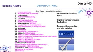 Reading Papers
1. TITLE & ABSTRACT
2. BACKGROUND & OBJECTIVES
3. TRIAL DESIGN
4. PARTICIPANTS (Eligibility)
5. TREATMENT
6. OUTCOME MEASURES
7. SAMPLE SIZE CALCULATION
8. RANDOMIZATION METHOD
9. ALLOCATION OF RANDOMISATION
10. IMPELEMENTATION OF RANDOMISATION
11. BLINDING
12. STATISTICS
13. PARTICIPANT FLOW RESULTS
14. RESULTS-RECRUITMENT
15. RESULTS-BASELINE DEMOGRAPHICS
16. RESULTS-NUMBERS- HOWMANY PEOPLEIN EACH GROUP
17. RESULTS-OUTCOMES
18. RESULTS ADDITIONAL ANALYSIS
19. RESULTS-SIDE EFFECTS
20. DISCUSSION-LIMITATIONS
21. DISCUSSION- GENERALISABILITY (VALIDITY)
22. DISCUSSION- INTERPRETATION
23. REGISTRATION (www.clinicaltrials.gov)
24. SOURCE OFPROTOCOL
25. FUNDING
Checklists of Reporting
Items
Improve Transparency and
Replication
Ensure critical appraisal
and interpretation
http://www.consort-statement.org/
DESIGN OF TRIAL
 