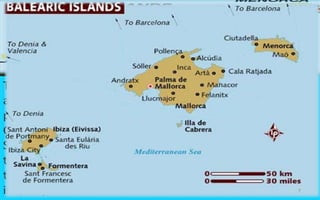 The 4 largest and major islands are: Majorca, Minorca, Ibiza 
and Formentera. Form an autonomous community and a 
province of Spain, with Palma as the capital. Languages 
Catalan and Spanish. located on the western Mediterranean 
Sea, near the eastern coast of the Iberian Peninsula. some 50 
to 100 miles (80 to 160 km) off the coast of Spain. Together, 
they form the Spanish province of Baleares. Islands Total area 
is 1,936). 7 
 