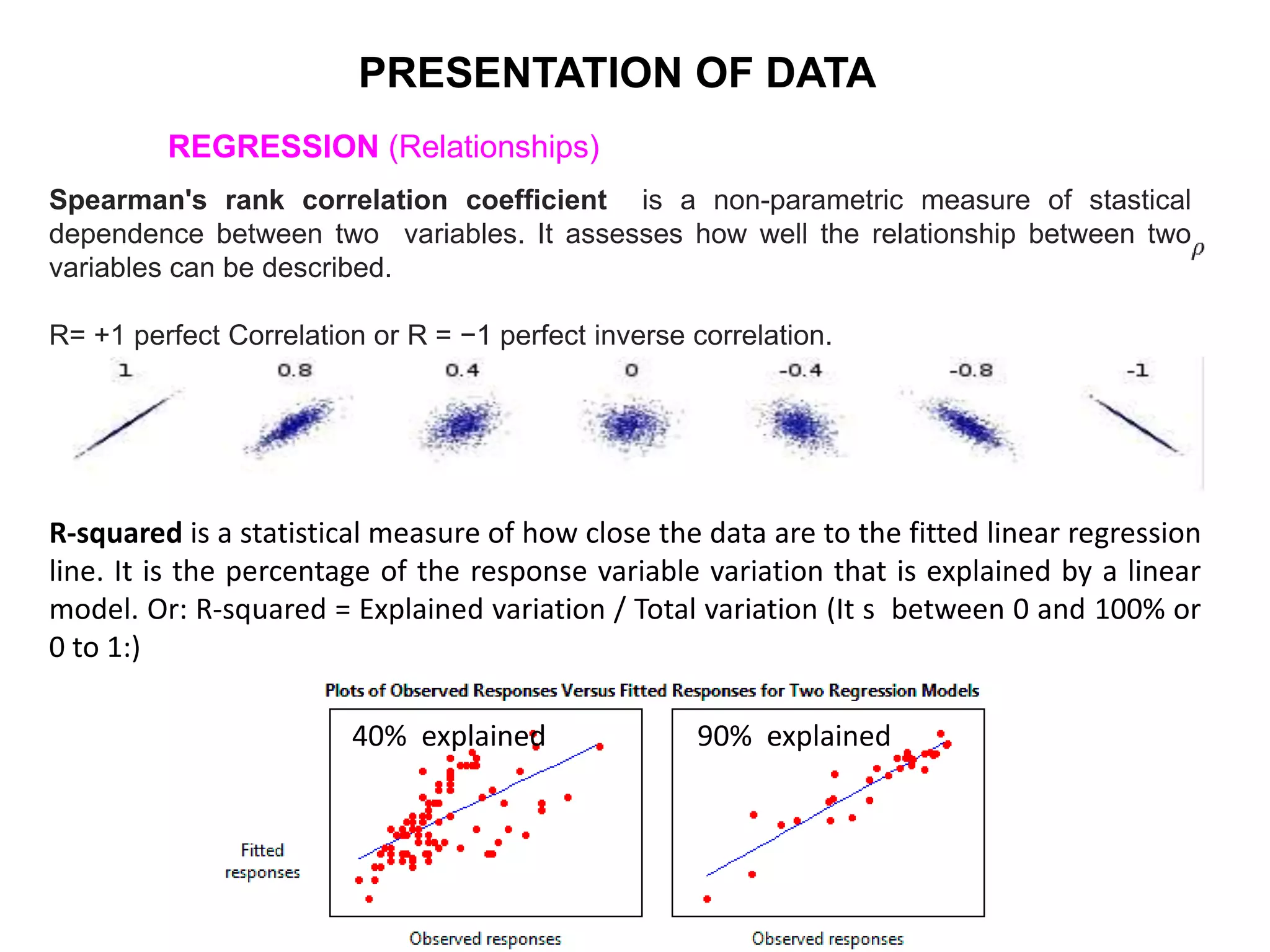 PRESENTATION OF DATA
REGRESSION (Relationships)
Spearman's rank correlation coefficient is a non-parametric measure of stastical
dependence between two variables. It assesses how well the relationship between two
variables can be described.
R= +1 perfect Correlation or R = −1 perfect inverse correlation.
R-squared is a statistical measure of how close the data are to the fitted linear regression
line. It is the percentage of the response variable variation that is explained by a linear
model. Or: R-squared = Explained variation / Total variation (It s between 0 and 100% or
0 to 1:)
90% explained40% explained
 