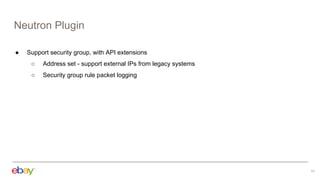 Neutron Plugin
● Support security group, with API extensions
○ Address set - support external IPs from legacy systems
○ Security group rule packet logging
11
 