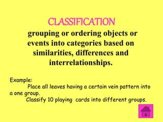 CLASSIFICATION
grouping or ordering objects or
events into categories based on
similarities, differences and
interrelation...