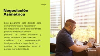 Negociación
Asimetrica
gestión de innovación, está en
pensar fuera del método.
Este programa está dirigido para
comprender que la negociación
en innovación tiene características
propias, mezcladas con un
péndulo de poder oscilante y
acuerdos que una y otra vez se
modifican. La implementación
inteligente de una negociación en
 