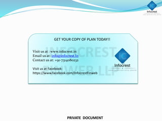 GET YOUR COPY OF PLAN TODAY!!
PRIVATE DOCUMENT
Visit us at : www.infocrest.in
Email us at: info@infocrest.In
Contact us at: +91-7314080232
Visit us at Facebook:
https://www.facebook.com/InfocrestFinweb
 