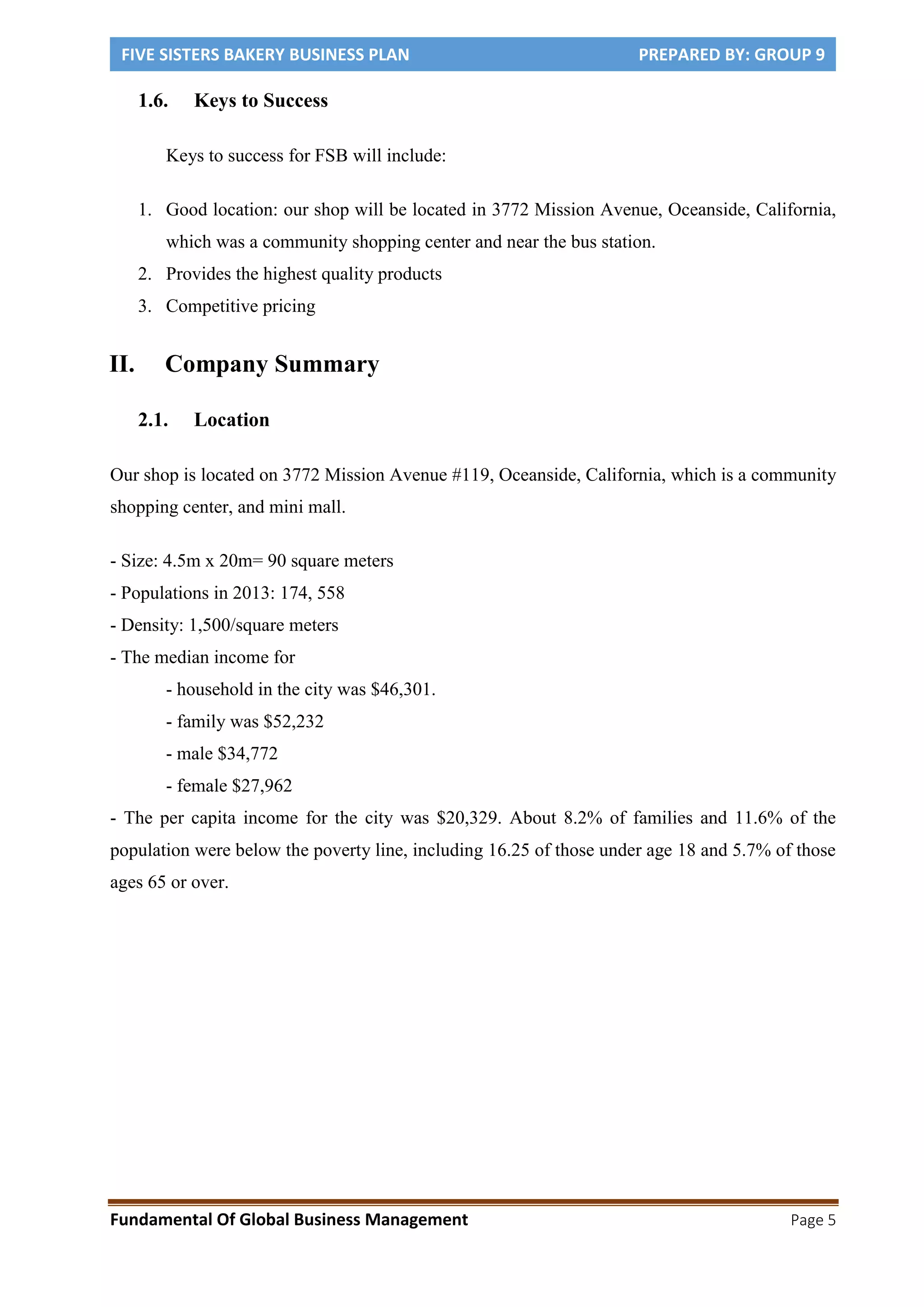 FIVE SISTERS BAKERY BUSINESS PLAN PREPARED BY: GROUP 9
Fundamental Of Global Business Management Page 5
1.6. Keys to Success
Keys to success for FSB will include:
1. Good location: our shop will be located in 3772 Mission Avenue, Oceanside, California,
which was a community shopping center and near the bus station.
2. Provides the highest quality products
3. Competitive pricing
II. Company Summary
2.1. Location
Our shop is located on 3772 Mission Avenue #119, Oceanside, California, which is a community
shopping center, and mini mall.
- Size: 4.5m x 20m= 90 square meters
- Populations in 2013: 174, 558
- Density: 1,500/square meters
- The median income for
- household in the city was $46,301.
- family was $52,232
- male $34,772
- female $27,962
- The per capita income for the city was $20,329. About 8.2% of families and 11.6% of the
population were below the poverty line, including 16.25 of those under age 18 and 5.7% of those
ages 65 or over.
 