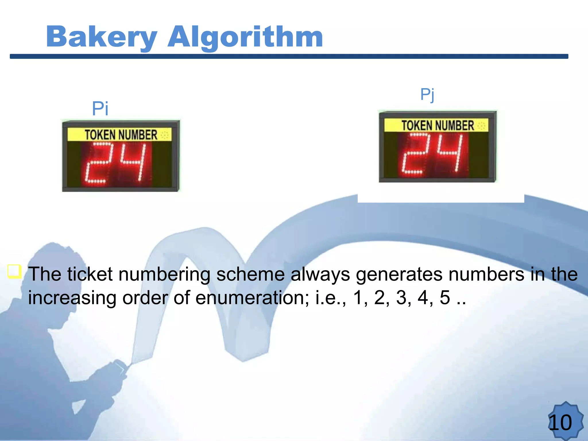 10
Bakery Algorithm
 The ticket numbering scheme always generates numbers in the
increasing order of enumeration; i.e., 1, 2, 3, 4, 5 ..
Pi
Pj
 