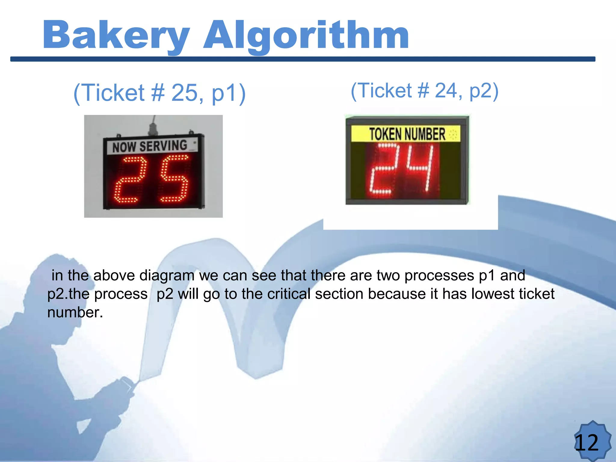 12
Bakery Algorithm
(Ticket # 25, p1) (Ticket # 24, p2)
in the above diagram we can see that there are two processes p1 and
p2.the process p2 will go to the critical section because it has lowest ticket
number.
 