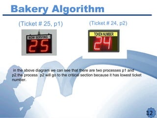 12
Bakery Algorithm
(Ticket # 25, p1) (Ticket # 24, p2)
in the above diagram we can see that there are two processes p1 and
p2.the process p2 will go to the critical section because it has lowest ticket
number.
 