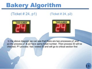 13
Bakery Algorithm
(Ticket # 24, p1) (Ticket # 24, p2)
In the above diagram we can see that there are two processes p1 and
p2.the process p1 & p2 have same ticket number .Then process ID will be
checked. P1 process has lowest ID and will go to critical section first
 