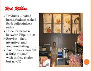 Red Ribbon
 Products – baked
  breads/cakes; cooked
  food; coffee/juices/
 sodas
 Price for breads-
  between Php15-312
 Service – fast,
  attentive, and
  accommodating
 Facilities – clean but
  a little bit small;
  with tables/ chairs
  but no CR
 
