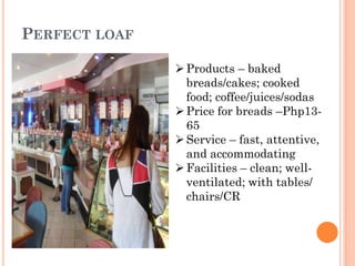 PERFECT LOAF

                Products – baked
                 breads/cakes; cooked
                 food; coffee/juices/sodas
                Price for breads –Php13-
                 65
                Service – fast, attentive,
                 and accommodating
                Facilities – clean; well-
                 ventilated; with tables/
                 chairs/CR
 