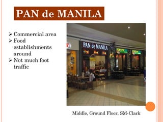 PAN de MANILA
 Commercial area
 Food
  establishments
  around
 Not much foot
  traffic




                    Middle, Ground Floor, SM-Clark
 