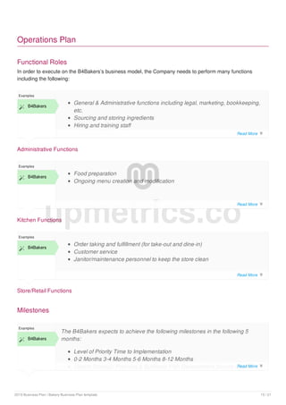 Operations Plan
Functional Roles
In order to execute on the B4Bakers’s business model, the Company needs to perform many functions
including the following:
Administrative Functions
Examples
 B4Bakers
General & Administrative functions including legal, marketing, bookkeeping,
etc.
Sourcing and storing ingredients
Hiring and training staff
Kitchen Functions
Examples
 B4Bakers
Food preparation
Ongoing menu creation and modification
Store/Retail Functions
Examples
 B4Bakers
Order taking and fulfillment (for take-out and dine-in)
Customer service
Janitor/maintenance personnel to keep the store clean
Milestones
Examples
 B4Bakers
The B4Bakers expects to achieve the following milestones in the following 5
months:
Level of Priority Time to Implementation
0-2 Months 3-4 Months 5-6 Months 8-12 Months
Urgent Strategic Planning & Business Plan Development Secure Capital
upmetrics.co
Read More 
Read More 
Read More 
Read More 
2019 Business Plan | Bakery Business Plan template 15 / 21
 