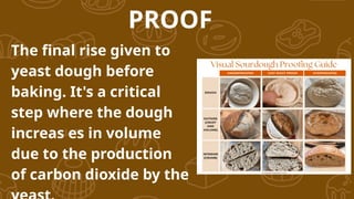 PROOF
The final rise given to
yeast dough before
baking. It's a critical
step where the dough
increas es in volume
due to the production
of carbon dioxide by the
 