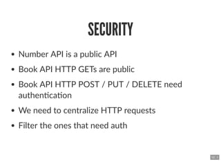 SECURITYSECURITY
Number API is a public API
Book API HTTP GETs are public
Book API HTTP POST / PUT / DELETE need
authen ca...