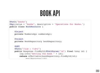 BOOK APIBOOK API
@Path("books")
@Api(value = "books", description = "Operations for Books.")
public class BookResource {
@...