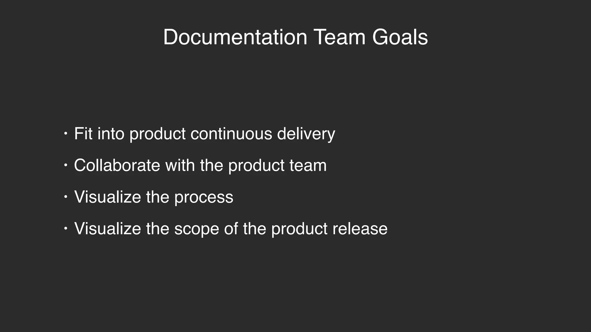 Documentation Team Goals
• Fit into product continuous delivery
• Collaborate with the product team
• Visualize the process
• Visualize the scope of the product release
