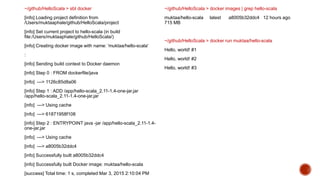 ~/github/HelloScala > sbt docker
[info] Loading project definition from
/Users/muktaaphale/github/HelloScala/project
[info] Set current project to hello-scala (in build
file:/Users/muktaaphale/github/HelloScala/)
[info] Creating docker image with name: 'muktaa/hello-scala'
:
[info] Sending build context to Docker daemon
[info] Step 0 : FROM dockerfile/java
[info] ---> 1126c85d8a06
[info] Step 1 : ADD /app/hello-scala_2.11-1.4-one-jar.jar
/app/hello-scala_2.11-1.4-one-jar.jar
[info] ---> Using cache
[info] ---> 61871958f108
[info] Step 2 : ENTRYPOINT java -jar /app/hello-scala_2.11-1.4-
one-jar.jar
[info] ---> Using cache
[info] ---> a8005b32ddc4
[info] Successfully built a8005b32ddc4
[info] Successfully built Docker image: muktaa/hello-scala
[success] Total time: 1 s, completed Mar 3, 2015 2:10:04 PM
~/github/HelloScala > docker images | grep hello-scala
muktaa/hello-scala latest a8005b32ddc4 12 hours ago
715 MB
~/github/HelloScala > docker run muktaa/hello-scala
Hello, world! #1
Hello, world! #2
Hello, world! #3
 