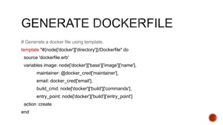 # Generate a docker file using template.
template "#{node['docker']['directory']}/Dockerfile" do
source 'dockerfile.erb'
variables image: node['docker']['base']['image']['name'],
maintainer: @docker_cred['maintainer'],
email: docker_cred['email'],
build_cmd: node['docker']['build']['commands'],
entry_point: node['docker']['build']['entry_point']
action :create
end
 