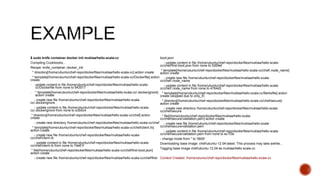 $ sudo knife container docker init muktaa/hello-scala-cc
Compiling Cookbooks...
Recipe: knife_container::docker_init
* directory[/home/ubuntu/chef-repo/dockerfiles/muktaa/hello-scala-cc] action create
* template[/home/ubuntu/chef-repo/dockerfiles/muktaa/hello-scala-cc/Dockerfile] action
create
- update content in file /home/ubuntu/chef-repo/dockerfiles/muktaa/hello-scala-
cc/Dockerfile from none to 943017
- * template[/home/ubuntu/chef-repo/dockerfiles/muktaa/hello-scala-cc/.dockerignore]
action create
- create new file /home/ubuntu/chef-repo/dockerfiles/muktaa/hello-scala-
cc/.dockerignore
- update content in file /home/ubuntu/chef-repo/dockerfiles/muktaa/hello-scala-
cc/.dockerignore from none to e3b0c4
* directory[/home/ubuntu/chef-repo/dockerfiles/muktaa/hello-scala-cc/chef] action
create
- create new directory /home/ubuntu/chef-repo/dockerfiles/muktaa/hello-scala-cc/chef
* template[/home/ubuntu/chef-repo/dockerfiles/muktaa/hello-scala-cc/chef/client.rb]
action create
- create new file /home/ubuntu/chef-repo/dockerfiles/muktaa/hello-scala-
cc/chef/client.rb
- update content in file /home/ubuntu/chef-repo/dockerfiles/muktaa/hello-scala-
cc/chef/client.rb from none to 7de61f
* file[/home/ubuntu/chef-repo/dockerfiles/muktaa/hello-scala-cc/chef/first-boot.json]
action create
- create new file /home/ubuntu/chef-repo/dockerfiles/muktaa/hello-scala-cc/chef/first-
boot.json
- update content in file /home/ubuntu/chef-repo/dockerfiles/muktaa/hello-scala-
cc/chef/first-boot.json from none to 5269ef
* template[/home/ubuntu/chef-repo/dockerfiles/muktaa/hello-scala-cc/chef/.node_name]
action create
- create new file /home/ubuntu/chef-repo/dockerfiles/muktaa/hello-scala-
cc/chef/.node_name
- update content in file /home/ubuntu/chef-repo/dockerfiles/muktaa/hello-scala-
cc/chef/.node_name from none to 4764d2
* template[/home/ubuntu/chef-repo/dockerfiles/muktaa/hello-scala-cc/Berksfile] action
create (skipped due to only_if)
* directory[/home/ubuntu/chef-repo/dockerfiles/muktaa/hello-scala-cc/chef/secure]
action create
- create new directory /home/ubuntu/chef-repo/dockerfiles/muktaa/hello-scala-
cc/chef/secure
* file[/home/ubuntu/chef-repo/dockerfiles/muktaa/hello-scala-
cc/chef/secure/validation.pem] action create
- create new file /home/ubuntu/chef-repo/dockerfiles/muktaa/hello-scala-
cc/chef/secure/validation.pem
- update content in file /home/ubuntu/chef-repo/dockerfiles/muktaa/hello-scala-
cc/chef/secure/validation.pem from none to ec1f3e
- change mode from '' to '0600'
Downloading base image: chef/ubuntu-12.04:latest. This process may take awhile...
Tagging base image chef/ubuntu-12.04 as muktaa/hello-scala-cc
Context Created: /home/ubuntu/chef-repo/dockerfiles/muktaa/hello-scala-cc
 