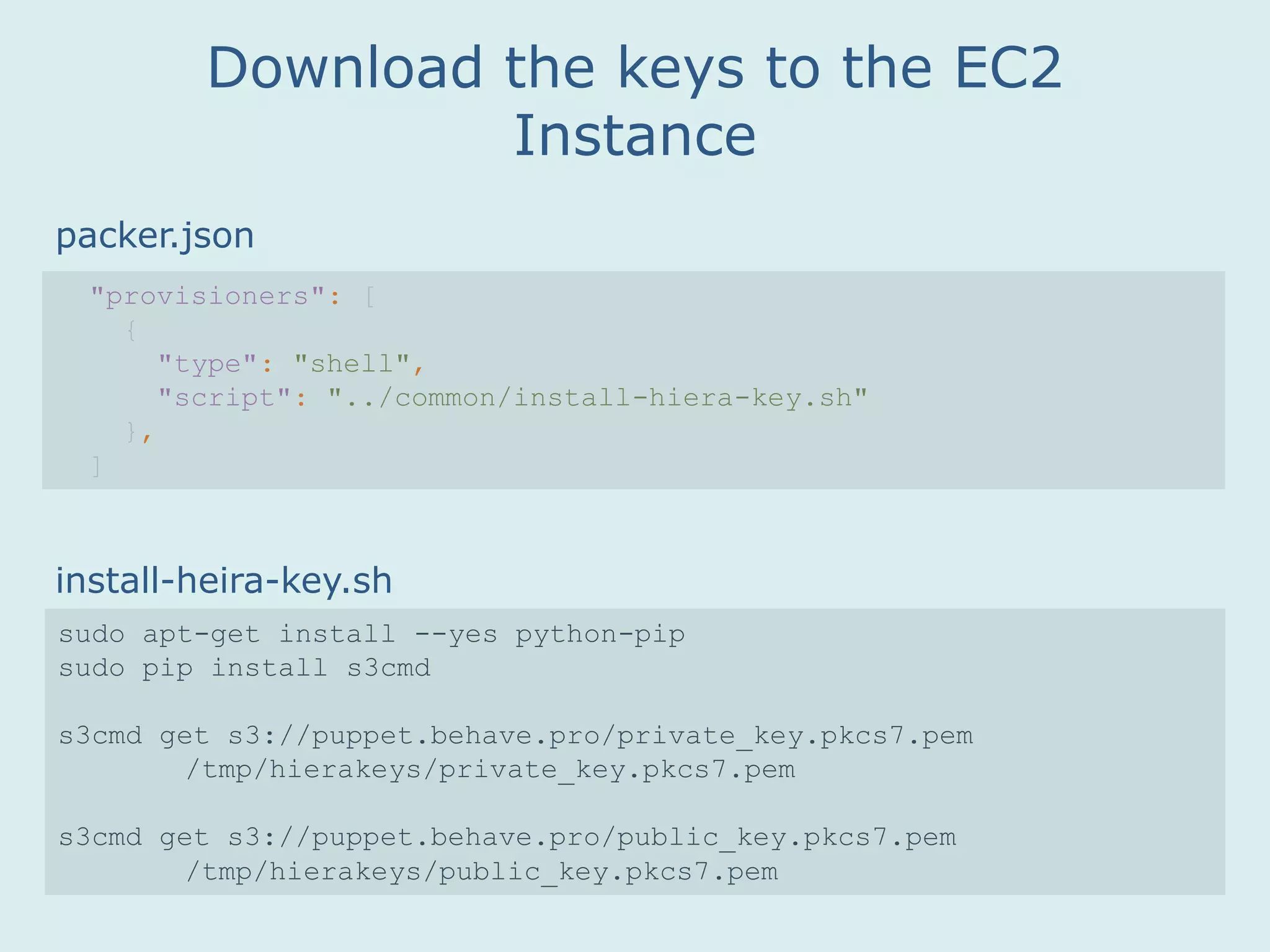install-heira-key.sh
Download the keys to the EC2
Instance
sudo apt-get install --yes python-pip
sudo pip install s3cmd
s3cmd get s3://puppet.behave.pro/private_key.pkcs7.pem
/tmp/hierakeys/private_key.pkcs7.pem
s3cmd get s3://puppet.behave.pro/public_key.pkcs7.pem
/tmp/hierakeys/public_key.pkcs7.pem
"provisioners": [
{
"type": "shell",
"script": "../common/install-hiera-key.sh"
},
]
packer.json
 