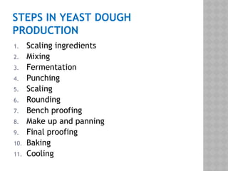 STEPS IN YEAST DOUGH
PRODUCTION
1. Scaling ingredients
2. Mixing
3. Fermentation
4. Punching
5. Scaling
6. Rounding
7. Bench proofing
8. Make up and panning
9. Final proofing
10. Baking
11. Cooling
 