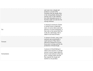 and water into a dough and
produces a record of the
resistance that the dough offers
to the mixing blades during the
mixing cycle. It also indicates
the water absorption power of
the flour under test and also the
mixing tolerance.
Fat
A chemical constituent of plant
or animal tissues comprising
esters of various fatty acids and
glycerol. In cereal technology, it
may refer to the natural flour fat
or the fat ( shortening ) that is
added in the bread formula.
Ferment
A mixture of water, yeast, yeast
nutrients and occassionally a
small amount of flour that is
allowed to ferment for several
hours prior to being used for the
production of bread dough.
Fermentation
A process in bread-baking in
which yeast enzymes in a dough
mixture convert sugars (glucose,
fructose and maltose) to bud and
grow, creating carbon dioxide
that expands the dough and
alcohol as a by-product.
 