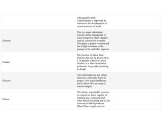 subsequently burst.
Gelatinization is important in
relation to the development of
crumb structure of bread.
Glassine
This is a super calendered,
smooth, dense, transparent or
semi-transparent sheet of paper
used as a protective wrapper.
The paper is grease resistant and
has a high resistance to the
passage of air and other vapours.
Gliadin
The fraction of wheat flour
proteins that can be dissolved in
a 70 percent solution of ethyl
alcohol. It is also classified as
prolamine. It provides elasticity
to dough.
Glucose
Also dextroglucose and called
dextrose; commonly found in
grapes, corn starch and honey
and is about 30% as sweet as
sucrose (sugar).
Gluten
The elastic, expandable structure
in a dough or batter capable of
trapping gas, expanding and
when baked becoming part of the
structure of baked products.
Wheat flour simple proteins
 