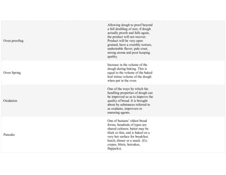 Oven proofing
Allowing dough to proof beyond
a full doubling of size; if dough
actually proofs and falls again,
the product will not recover.
Product will be very open
grained, have a crumbly texture,
undesirable flavor, pale crust,
strong aroma and poor keeping
quality.
Oven Spring
Increase in the volume of the
dough during baking. This is
equal to the volume of the baked
loaf minus volume of the dough
when put in the oven.
Oxidation
One of the ways by which the
handling properties of dough can
be improved so as to improve the
quality of bread. It is brought
about by substances referred to
as oxidants, improvers or
maturing agents.
Pancake
One of humans‘ oldest bread
forms, hundreds of types are
shared cultures; batter may be
thick or thin, and is baked on a
very hot surface for breakfast,
lunch, dinner or a snack. (Ex:
crepes, blinis, hotcakes,
flapjacks).
 