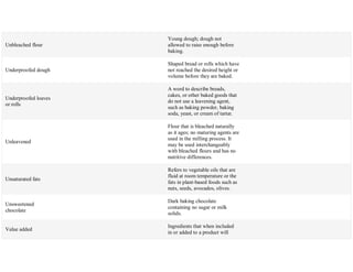 Unbleached flour
Young dough; dough not
allowed to raise enough before
baking.
Underproofed dough
Shaped bread or rolls which have
not reached the desired height or
volume before they are baked.
Underproofed loaves
or rolls
A word to describe breads,
cakes, or other baked goods that
do not use a leavening agent,
such as baking powder, baking
soda, yeast, or cream of tartar.
Unleavened
Flour that is bleached naturally
as it ages; no maturing agents are
used in the milling process. It
may be used interchangeably
with bleached flours and has no
nutritive differences.
Unsaturated fats
Refers to vegetable oils that are
fluid at room temperature or the
fats in plant-based foods such as
nuts, seeds, avocados, olives.
Unsweetened
chocolate
Dark baking chocolate
containing no sugar or milk
solids.
Value added
Ingredients that when included
in or added to a product will
 