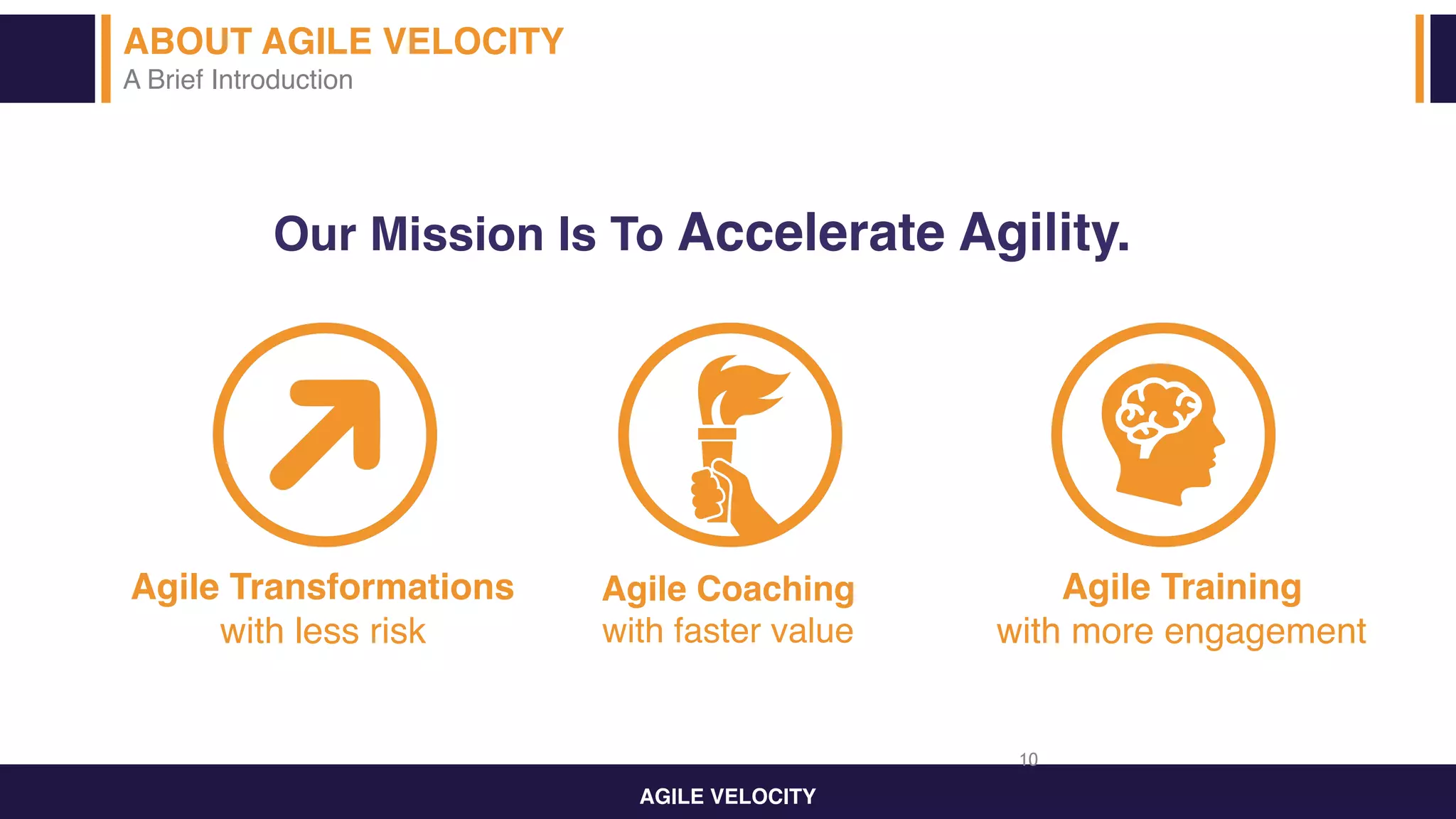 AGILE VELOCITY
Our Mission Is To Accelerate Agility.
Agile Training
with more engagement
Agile Coaching
with faster value
Agile Transformations
with less risk
ABOUT AGILE VELOCITY
A Brief Introduction
10
