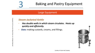 Large Equipment
Copyright
©
2013
by
John
Wiley
&
Sons,
Inc.
All
Rights
Reserved
3
Steam-Jacketed Kettle
• Has double walls in which steam circulates. Heats up
quickly and efficiently.
• Uses: making custards, creams, and fillings.
Courtesy of Vulcan-Hart Company.
Baking and Pastry Equipment
 