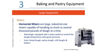 Large Equipment
Copyright
©
2013
by
John
Wiley
&
Sons,
Inc.
All
Rights
Reserved
3
Courtesy of The Peerless Group.
Mixers
• Horizontal Mixers are large, industrial-size
mixers capable of handling as much as several
thousand pounds of dough at a time.
• Advantage: equipped with a water jacket to control the
dough temperature with great precision.
• Uses: bread dough, pastry dough, soft doughs &
batters
Baking and Pastry Equipment
 