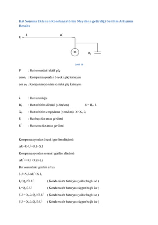 Hat Sonuna Eklenen Kondansatörün Meydana getirdiği Gerilim Artışının
Hesabı

     λ                              U’
U



                                               M             QC


                                                Şekil 16

P        : Hat sonundaki aktif güç

cosφ1 : Kompanzasyondan önceki güç katsayısı

cos φ2 : Kompanzasyondan sonraki güç katsayısı



λ        : Hat uzunluğu

R0       : Hattın birim direnci (ohm/km)                   R = R0 . λ

X0       : Hattın birim empedansı (ohm/km) X=X0 . λ

U        : Hat başı faz arası gerilimi

U’       : Hat sonu faz arası gerilimi



Kompanzasyondan önceki gerilim düşümü

ΔU=U-U’=R.I+X.I

Kompanzasyondan sonraki gerilim düşümü

ΔU’==R.I+X.(I-Ic)

Hat sonundaki gerilim artışı

δU=ΔU-ΔU’=X.Ic

Ic=Q c/√3.U’              ( Kondansatör bataryası yıldız bağlı ise )

Ic=Q c/3.U’               ( Kondansatör bataryası üçgen bağlı ise )

δU = X0 .λ.Q c/√3.U’      ( Kondansatör bataryası yıldız bağlı ise )

δU = X0 .λ.Q c/3.U’       ( Kondansatör bataryası üçgen bağlı ise )
 