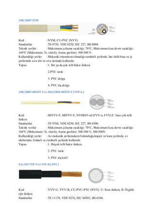 300/500V NYM




Kod                     : NYM, CU-PVC (NVV)
Standartlar             : TS 9758, VDE 0250, IEC 227, BS 6004.
Teknik veriler          : Maksimum çalışma sıcaklığı: 70°C, Maksimum kısa devre sıcaklığı:
160°C (Maksimum: 5s. süreli), Anma gerilimi: 300/500 V.
Kullanıldığı yerler : Mekanik ortamların olmadığı rutubetli yerlerde, her türlü bina ve iş
yerlerinde sıva altı ve sıva üstünde kullanılır.
Yapısı                  : 1. Bir ya da çok telli bakır iletken.

                      2.PVC izole

                      3. PVC dolgu

                      4. PVC dış dolgu

300/300V H03VV-F ve 300/500V H05VV-F ( FVV-n )




Kod                     : H03VV-F, H05VV-F, NYMHY-rd (FVV-n, FVV) F: İnce çok telli
iletken
Standartlar             : TS 9760, VDE 0250, IEC 227, BS 6500.
Teknik veriler          : Maksimum çalışma sıcaklığı: 70°C, Maksimum kısa devre sıcaklığı:
160°C (Maksimum: 5s. süreli), Anma gerilimi: 300/300 V, 300/500V.
Kullanıldığı yerler : Az mekanik zorlamaların bulunduğu kapalı ve kuru yerlerde, ev
aletlerinde, buharlı ve rutubetli yerlerde kullanılır.
Yapısı                  : 1. Birçok telli bakır iletken.

                      2. PVC izole

                      3. PVC dış kılıf

0.6/1kV YVV-U ve YVV-R ( NYY )




Kod                  : YVV-U, YVV-R, CU-PVC-PVC (NYY). U: Som iletken, R: Örgülü
rijit iletken
Standartlar          : TS 11178, VDE 0276, IEC 60502, BS 6346.
 