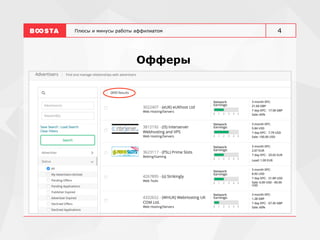 Плюсы и минусы работы аффилиатом
Офферы
4
 