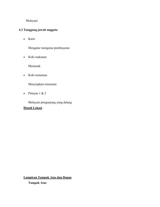 Melayani
4.3 Tanggung jawab anggota
 Kasir
Mengatur mengenai pembayaran
 Koki makanan
Memasak
 Koki minuman
Menyiapkan minuman
 Pelayan 1 & 2
Melayani pengunjung yang datang
Denah Lokasi
Lampiran Tampak Atas dan Depan
Tampak Atas
 