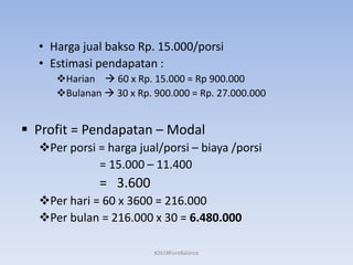 • Harga jual bakso Rp. 15.000/porsi
• Estimasi pendapatan :
Harian  60 x Rp. 15.000 = Rp 900.000
Bulanan  30 x Rp. 900.000 = Rp. 27.000.000
 Profit = Pendapatan – Modal
Per porsi = harga jual/porsi – biaya /porsi
= 15.000 – 11.400
= 3.600
Per hari = 60 x 3600 = 216.000
Per bulan = 216.000 x 30 = 6.480.000
#261#PureBalance
 