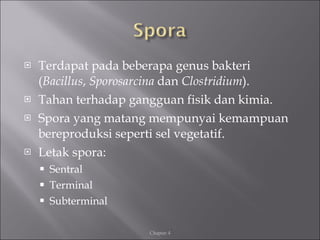 <ul><li>Terdapat pada beberapa genus bakteri ( Bacillus ,  Sporosarcina  dan  Clostridium ). </li></ul><ul><li>Tahan terha...