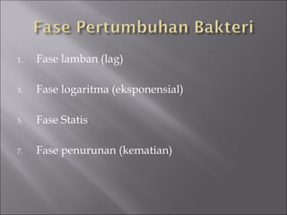 <ul><li>Fase lamban (lag) </li></ul><ul><li>Fase logaritma (eksponensial) </li></ul><ul><li>Fase Statis </li></ul><ul><li>...