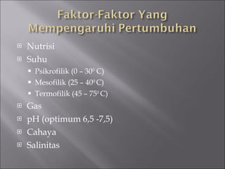 <ul><li>Nutrisi </li></ul><ul><li>Suhu </li></ul><ul><ul><li>Psikrofilik (0 – 30 0  C) </li></ul></ul><ul><ul><li>Mesofili...
