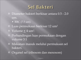 <ul><li>Diameter bakteri berkisar antara 0.5 - 2.0 um. </li></ul><ul><ul><li>RBC (7.5 um). </li></ul></ul><ul><li>Luas per...