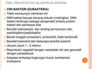 CIRI, STRUKTUR DAN KLASIFIKASI BAKTERI
 CIRI BAKTERI (EUBAKTERIA)
 Tidak mempunyai membran inti
 DNA bakteri berupa benang sirkuler (melingkar). DNA
bakteri berfungsi sebagai pengendali sintesis protein
bakteri dan pembawa sifat
 Bersifat mikroskopik, dan dinding sel tersusun dari
peptidoglikon/peptidoglika
 Bersel tunggal (uniseluler), prokariotik, tidak berklorofil.
 Bersifat heterotrof dan beberapa bersifat autotrof.
 Ukuran tubuh 1 - 5 mikron.
 Reproduksi vegetatif dengan membelah diri dan generatif
dengan paraseksual.
 Adaptasi terhadap lingkungan buruk membentuk
endospora
 