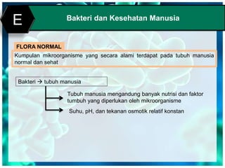 Print MasterBakteri dan Kesehatan Manusia
E
FLORA NORMAL
Kumpulan mikroorganisme yang secara alami terdapat pada tubuh manusia
normal dan sehat
Bakteri  tubuh manusia
Tubuh manusia mengandung banyak nutrisi dan faktor
tumbuh yang diperlukan oleh mikroorganisme
Suhu, pH, dan tekanan osmotik relatif konstan
 