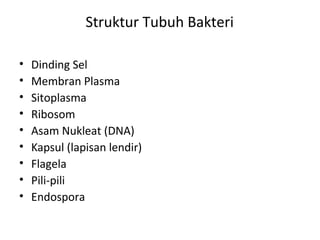 Struktur Tubuh Bakteri
• Dinding Sel
• Membran Plasma
• Sitoplasma
• Ribosom
• Asam Nukleat (DNA)
• Kapsul (lapisan lendir)
• Flagela
• Pili-pili
• Endospora
 
