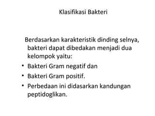Klasifikasi Bakteri
Berdasarkan karakteristik dinding selnya,
bakteri dapat dibedakan menjadi dua
kelompok yaitu:
• Bakteri Gram negatif dan
• Bakteri Gram positif.
• Perbedaan ini didasarkan kandungan
peptidoglikan.
 