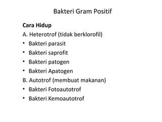 Bakteri Gram Positif
Cara Hidup
A. Heterotrof (tidak berklorofil)
• Bakteri parasit
• Bakteri saprofit
• Bakteri patogen
• Bakteri Apatogen
B. Autotrof (membuat makanan)
• Bakteri Fotoautotrof
• Bakteri Kemoautotrof
 